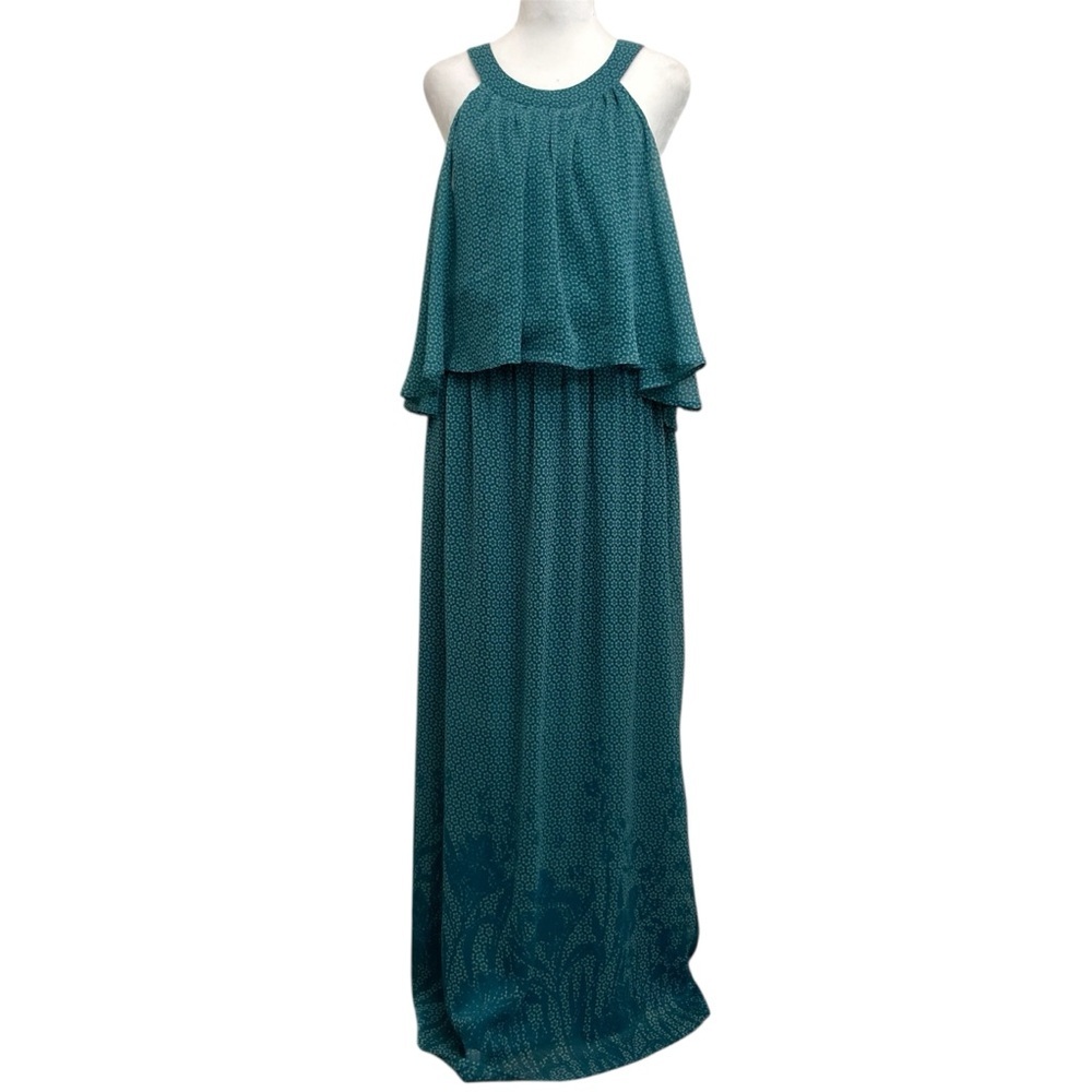 NEW Soft Surroundings Teal Blue Floral Flounce Sleeve Open Shoulder Maxi Dress